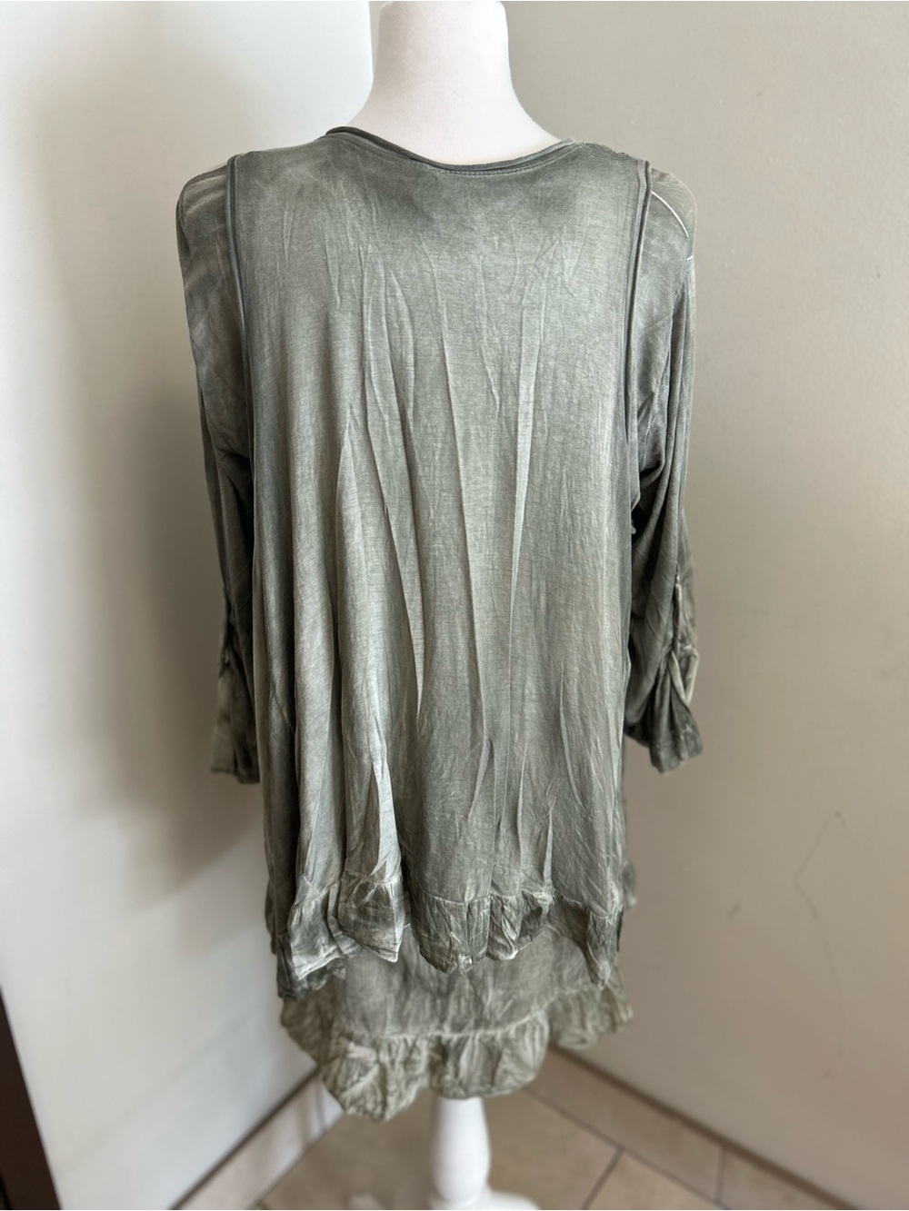 BaBa Layered Boho Tunic Dress One Size Sage Green Embroidered Lace Crinkle - Picture 4 of 5